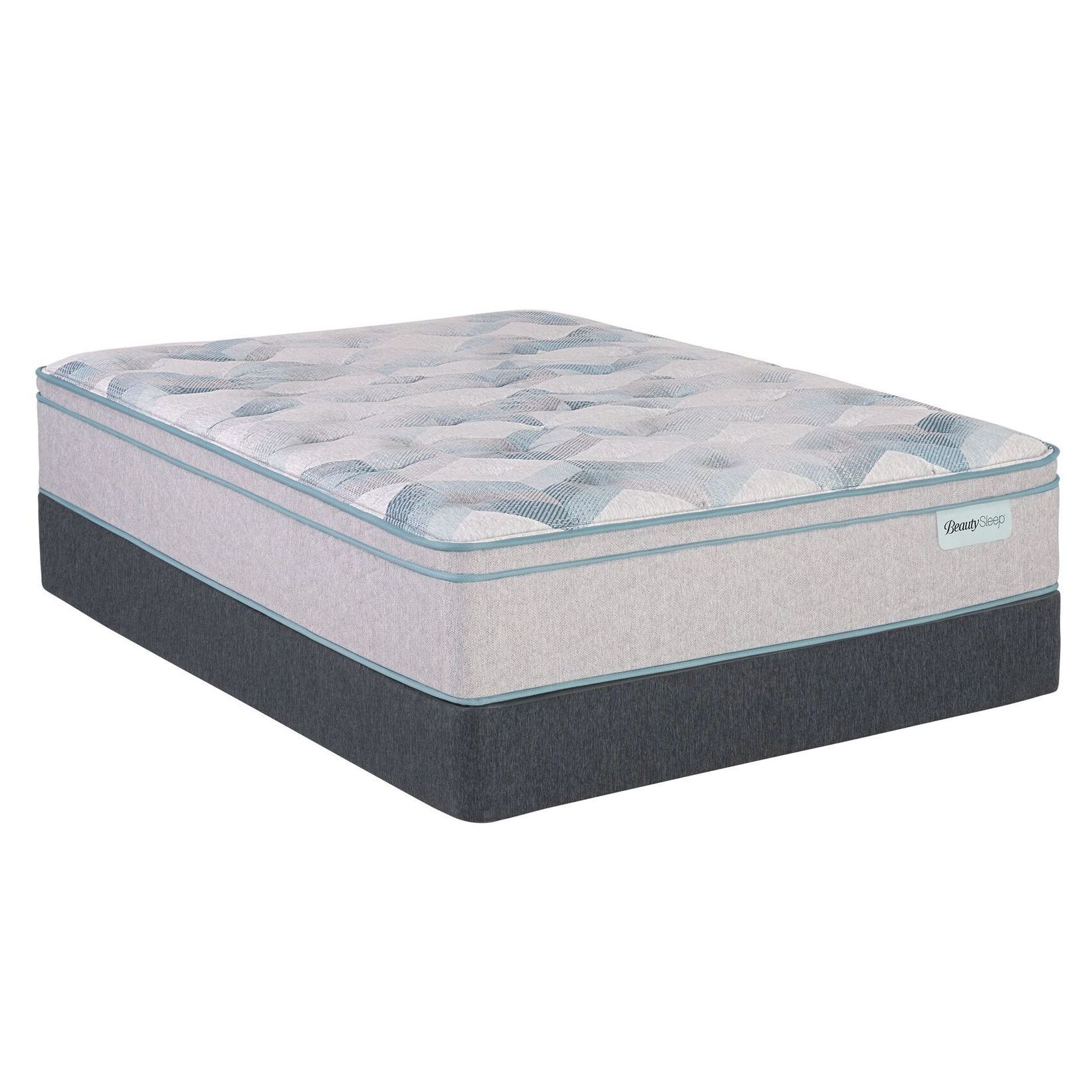 A studio shot of a mattress with a patterned white top and grey base sitting on a dark grey foundation.