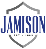 Logo for Jamison, featuring the blue word 