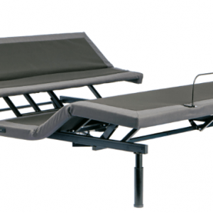A gray, split-design adjustable bed frame with elevated head and foot sections on a black metal base.