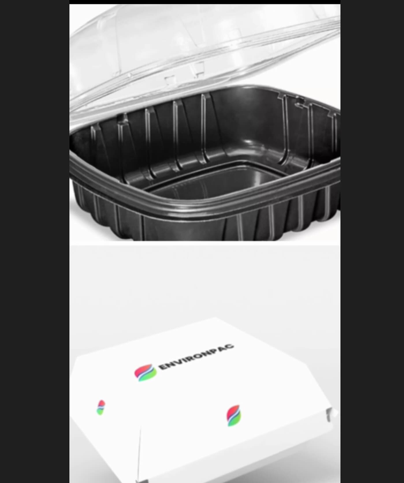 Top: Black food container with clear lid. Bottom: White takeout box with "Enviropac" logo.