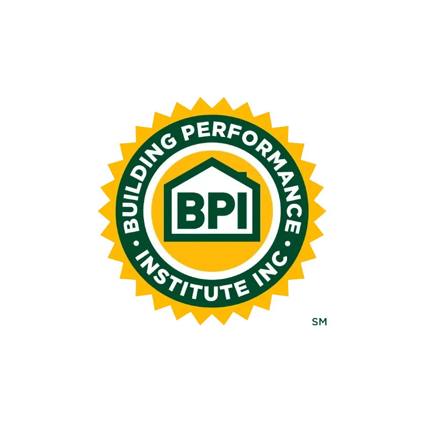 BPI (Building Performance Institute) seal, green and yellow, with a house icon and text.