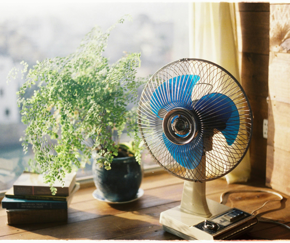 An older woman is sitting on a couch holding an orange fan.