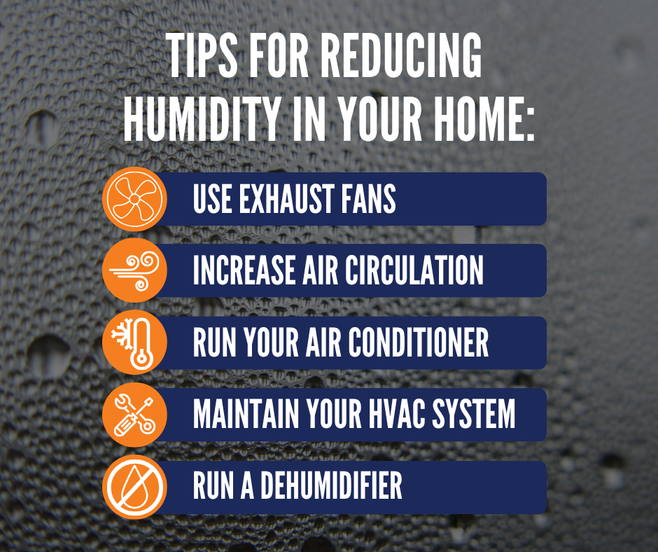 Tips for reducing home humidity: use exhaust fans, air circulation, AC, HVAC maintenance, dehumidifier