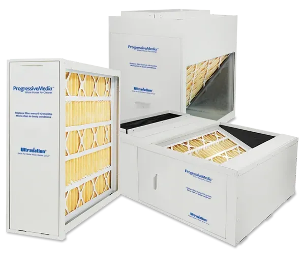 White HVAC filter boxes with yellow pleated filters displayed open and stacked on a white background