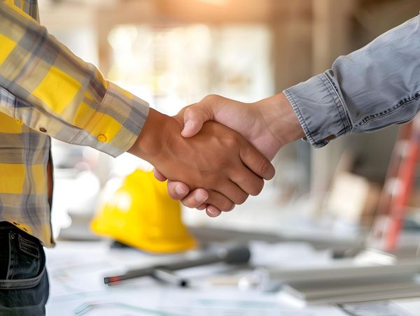 Two people shaking hands at a construction site, yellow hardhat visible, implying an agreement.