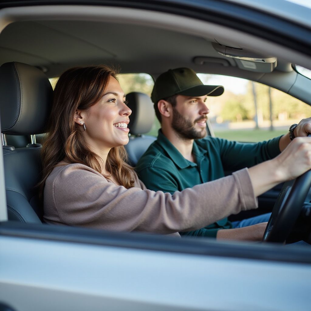 Een lachend persoon op de passagiersstoel en een persoon met een groene pet die een auto bestuurt.