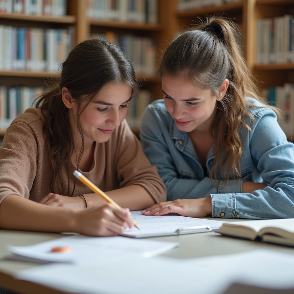 Twee vrouwen studeren samen aan een bibliotheektafel, een van hen schrijft met een potlood.