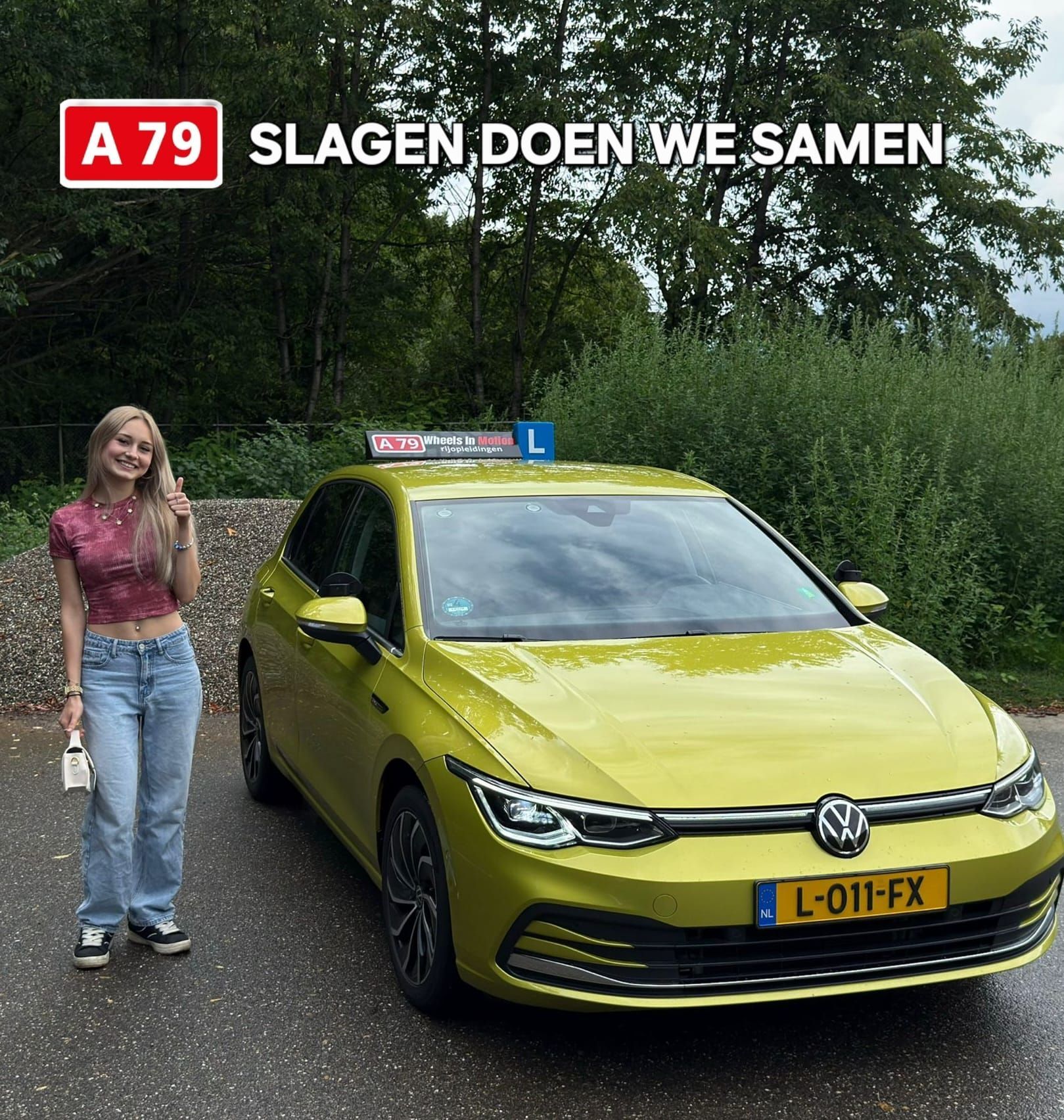Woman next to yellow Volkswagen driving school car. Text on top: 