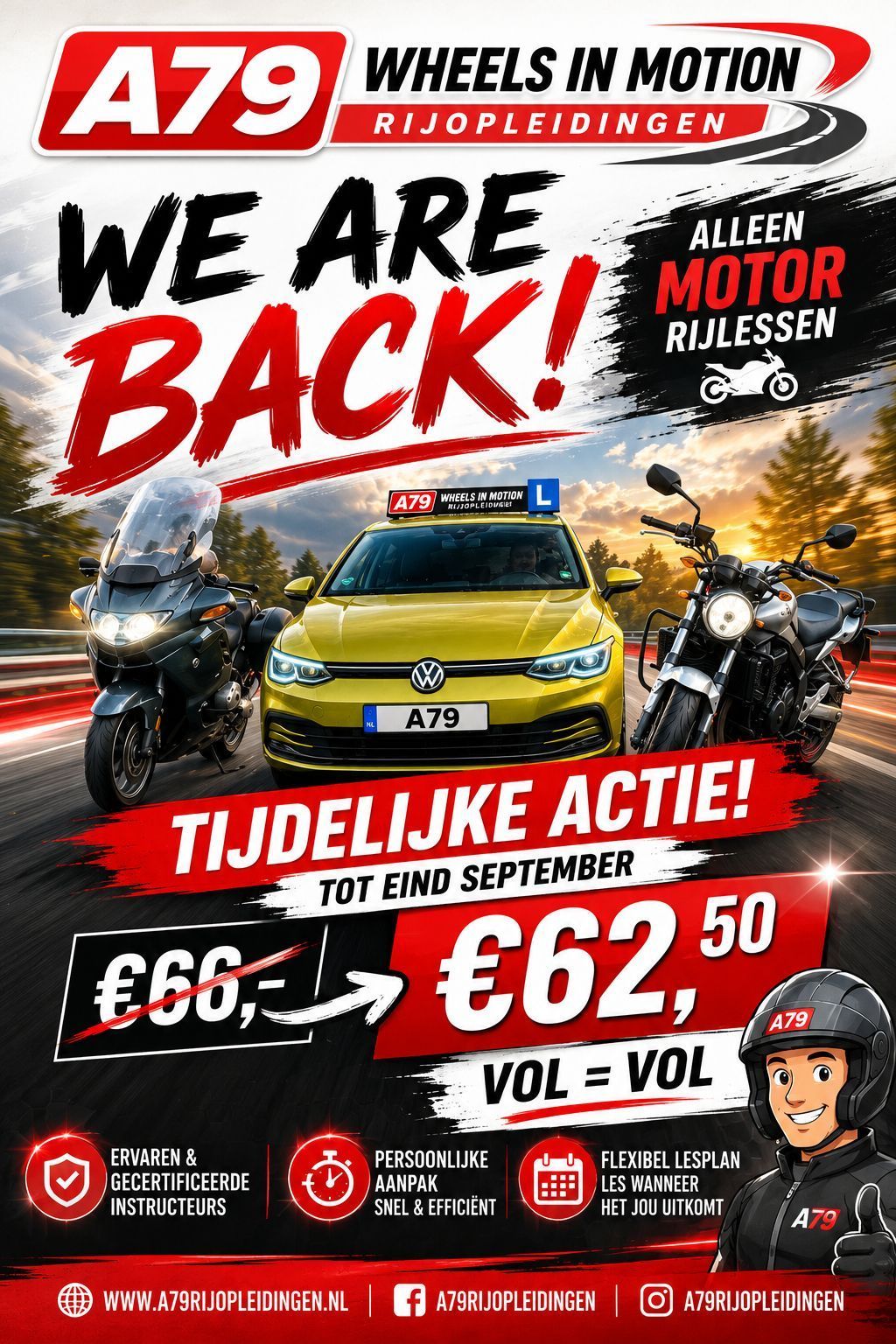 Reclameposter langs de A79 voor het Allen Motor Museum, met auto's, motoren en een rode prijsbanner.