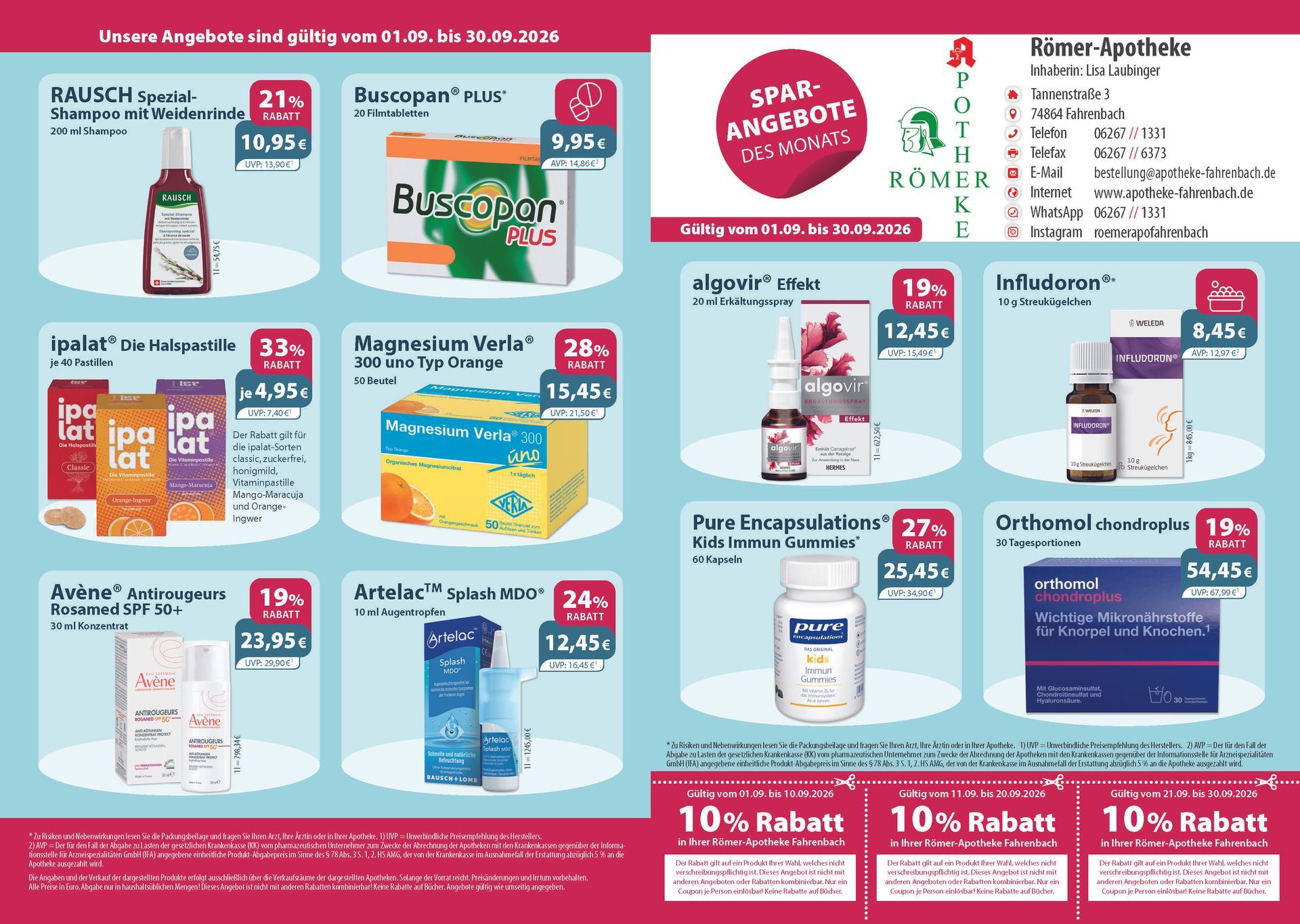 Ein Flyer für eine Apotheke mit der Aufschrift „10 % Rabatt“