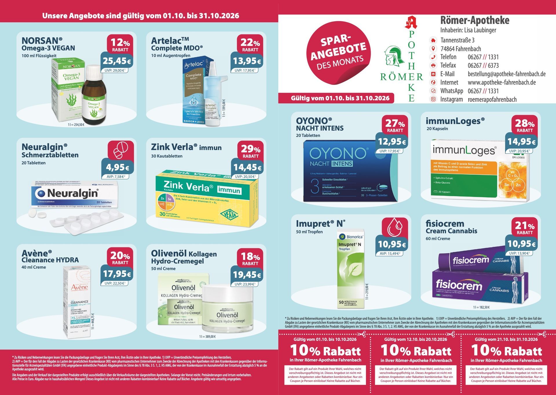 Ein Flyer für eine Apotheke mit der Aufschrift „10 % Rabatt“