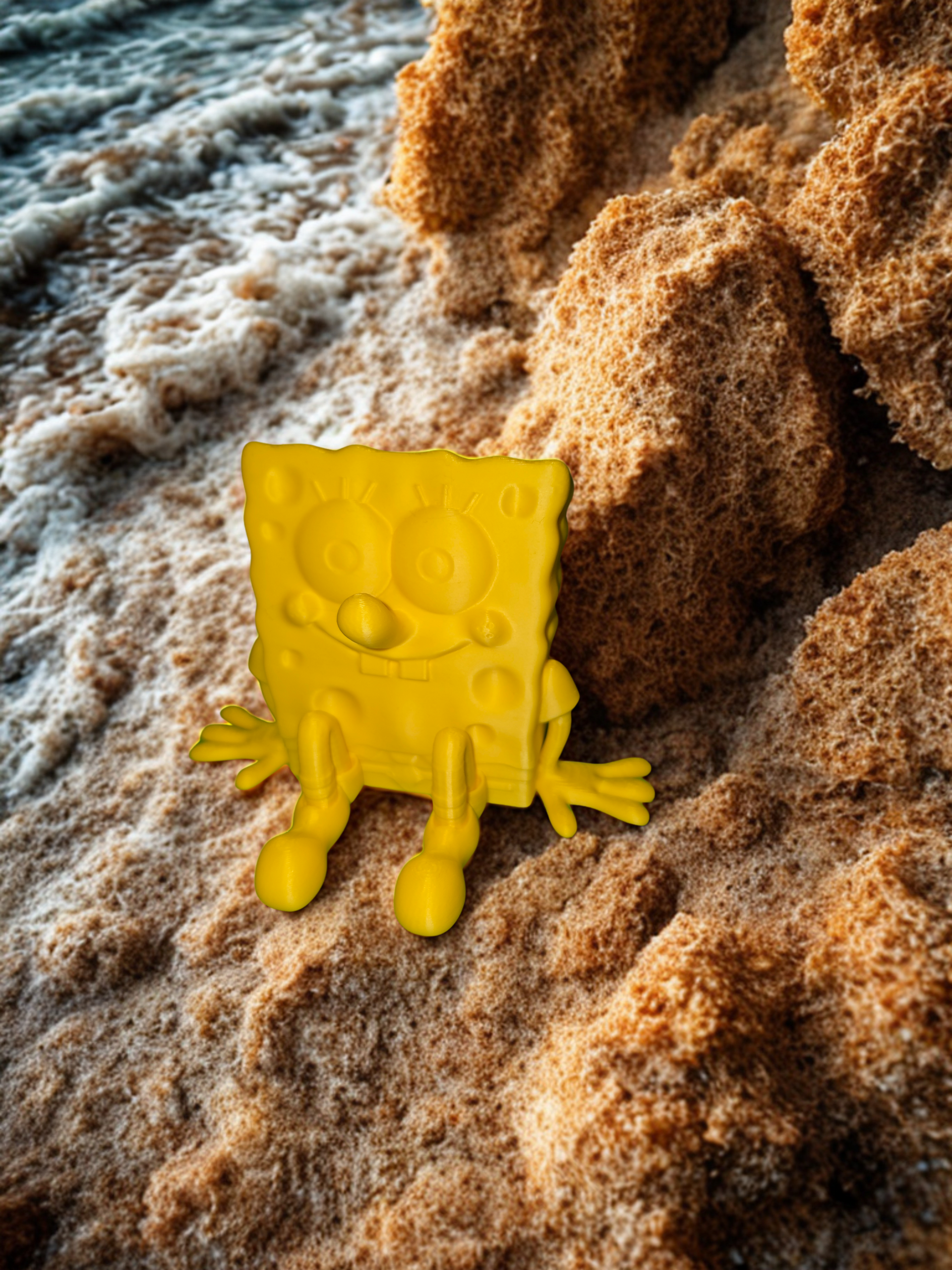 Yellow SpongeBob toy on sandy surface near water.