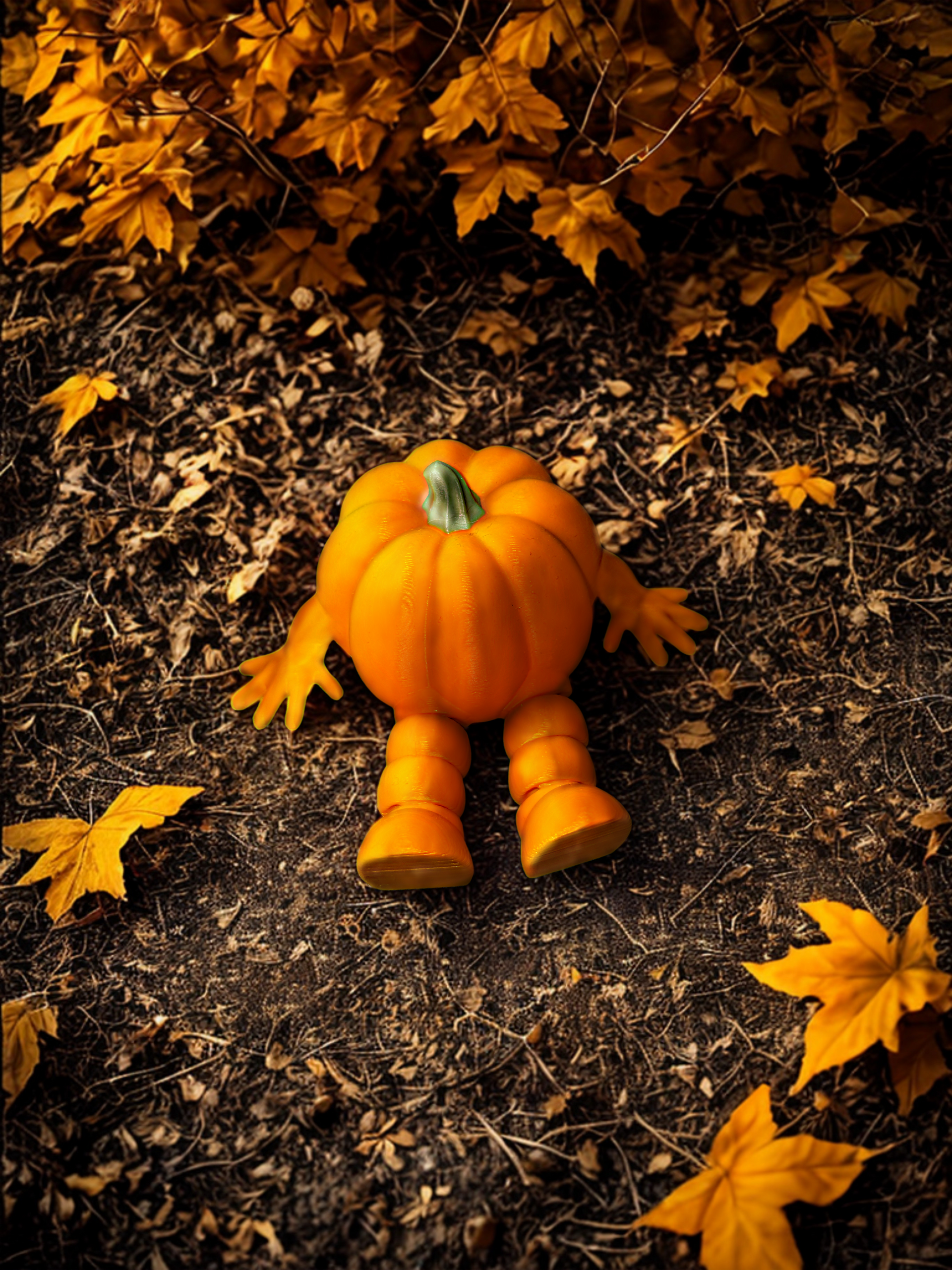 Pumpkin-shaped figure with arms and legs, on ground with yellow leaves.
