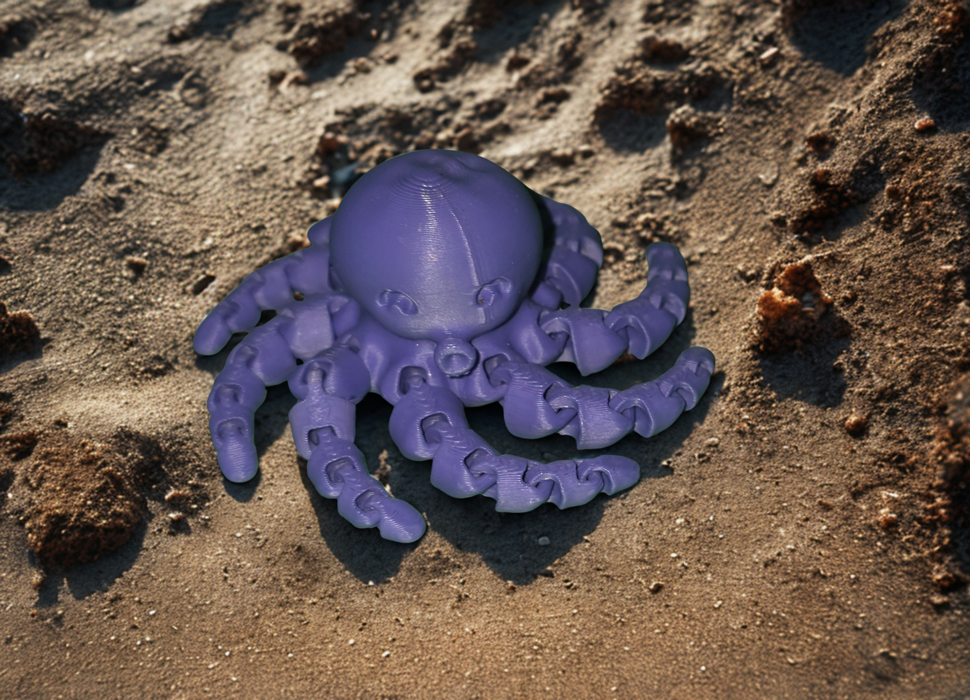 Purple 3D-printed octopus toy on sandy beach.