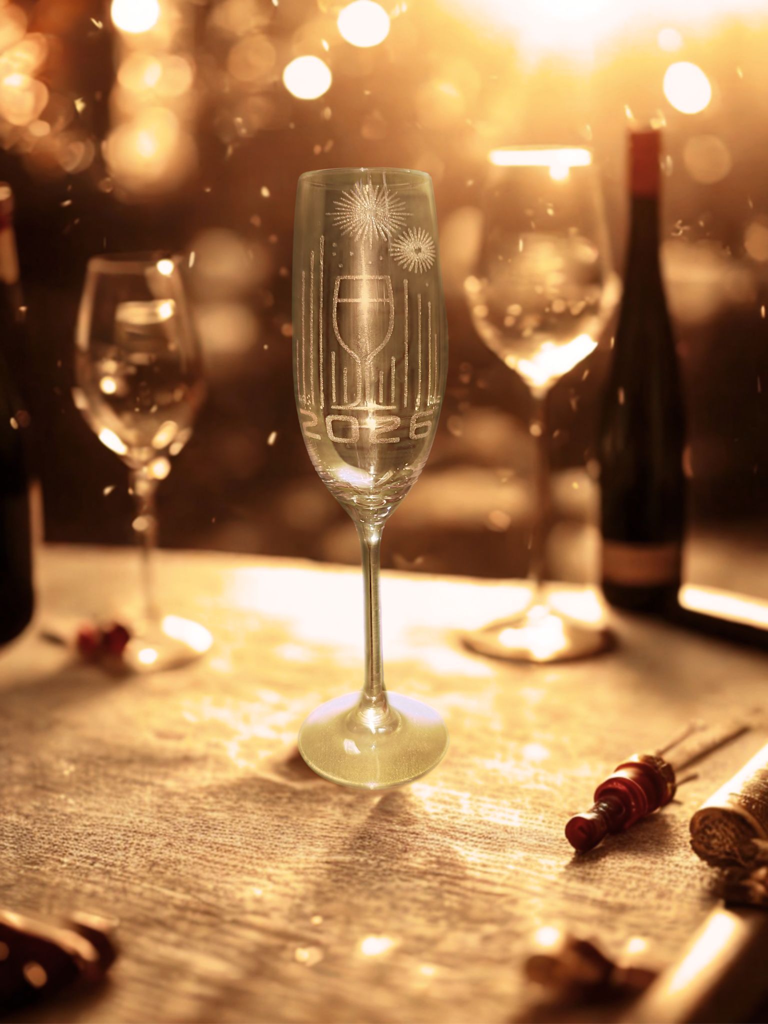 Champagne flute with etched design, other wine glasses, and bottles on a table. Golden, festive lighting.