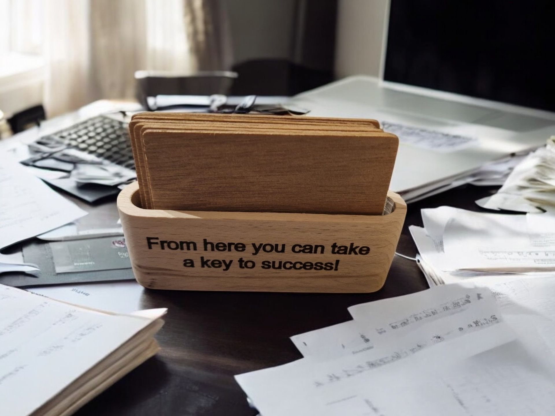 A wooden box that says from here you can take a key to success