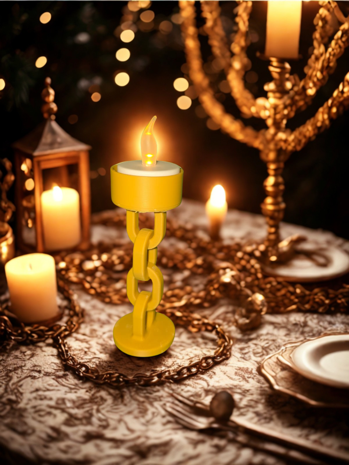 Yellow LED candle in a chain holder on a table with a menorah, candles, and decorations.