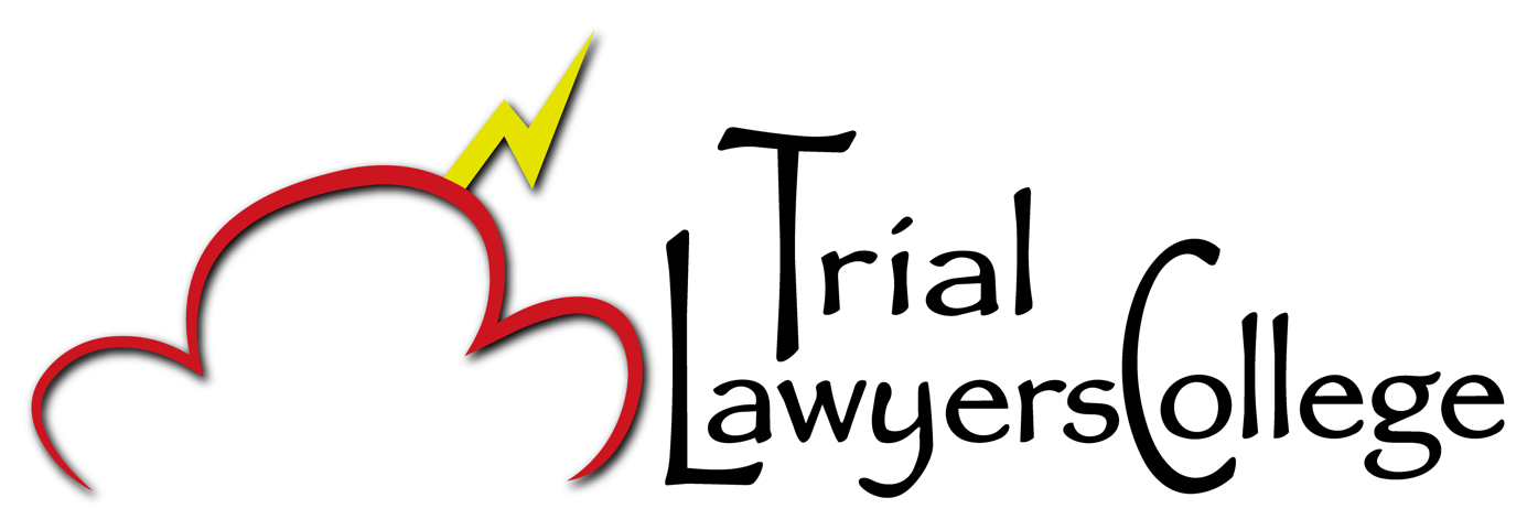 Trial Lawyers College logo with red cloud outline and yellow lightning bolt