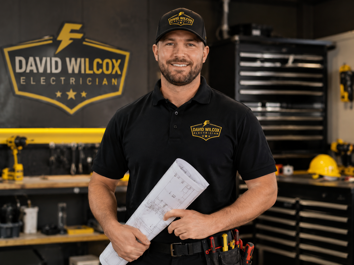 Electrician in black shirt holding papers in a workshop with a “David Wilcox Electrician” sign.