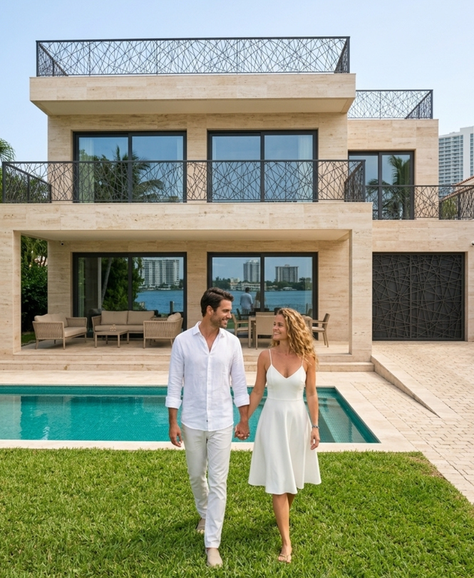 Couple walking hand in hand in front of a modern luxury villa with a pool and green lawn