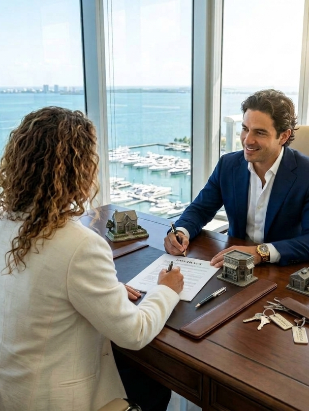 Two people meeting at a wooden desk by a bright waterfront window, with boats visible outside.
