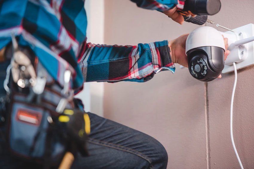 A man is installing a security camera on a wall.