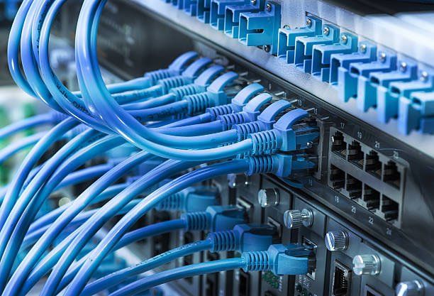A bunch of blue cables are connected to a server in a data center.