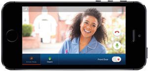 A cell phone with a picture of a nurse on the screen.