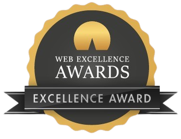 A black and gold web excellence award emblem