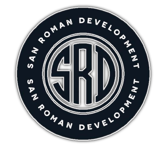 San Roman Development circular logo in navy, white, and silver with stylized SRD initials