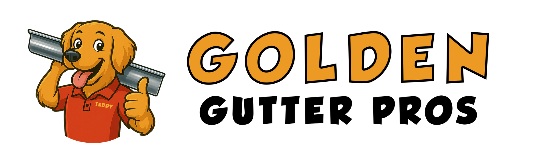 The logo for golden gutter pros shows a dog holding a gutter cleaner.