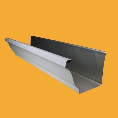 A metal gutter with a handle on a yellow background.