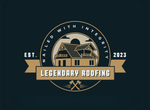 Logo for Legendary Roofing, featuring a house design in tan and gold on a dark teal background.
