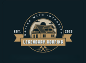 Logo for Legendary Roofing, featuring a house design in tan and gold on a dark teal background.