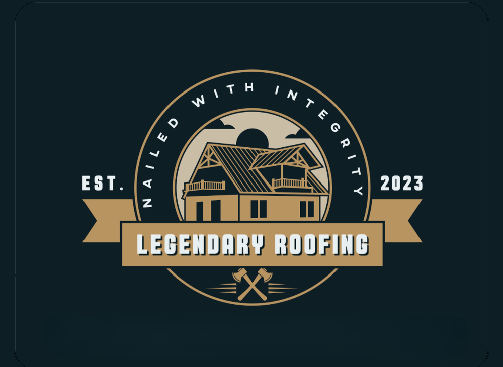 Logo for Legendary Roofing, featuring a house design in tan and gold on a dark teal background.