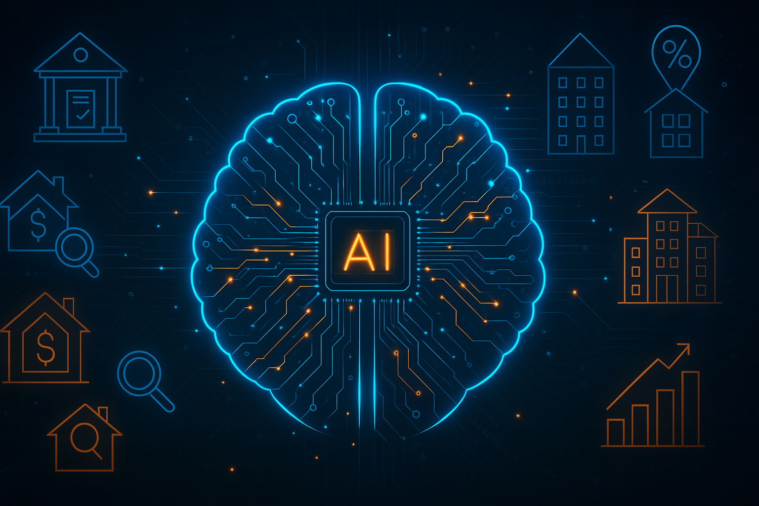 A blue and orange illustration of a brain with a chip that says ai with various real estate symbols.