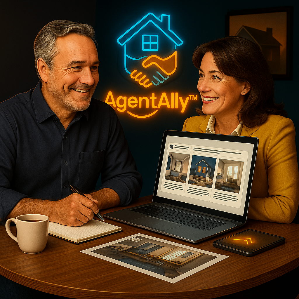 Two people at a table smiling, looking at a laptop displaying home interiors, with