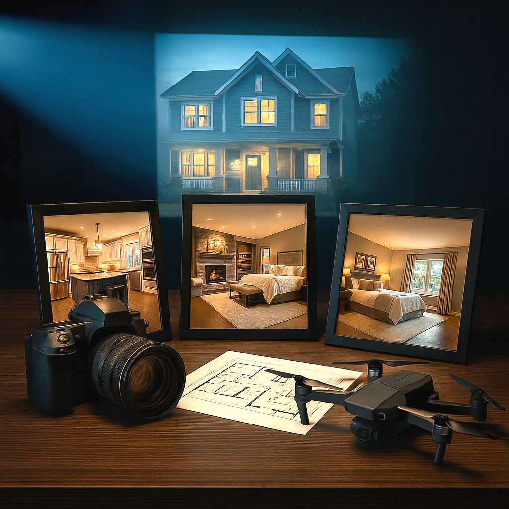 A camera, drone, and framed house photos on a desk, house in the background, night scene.