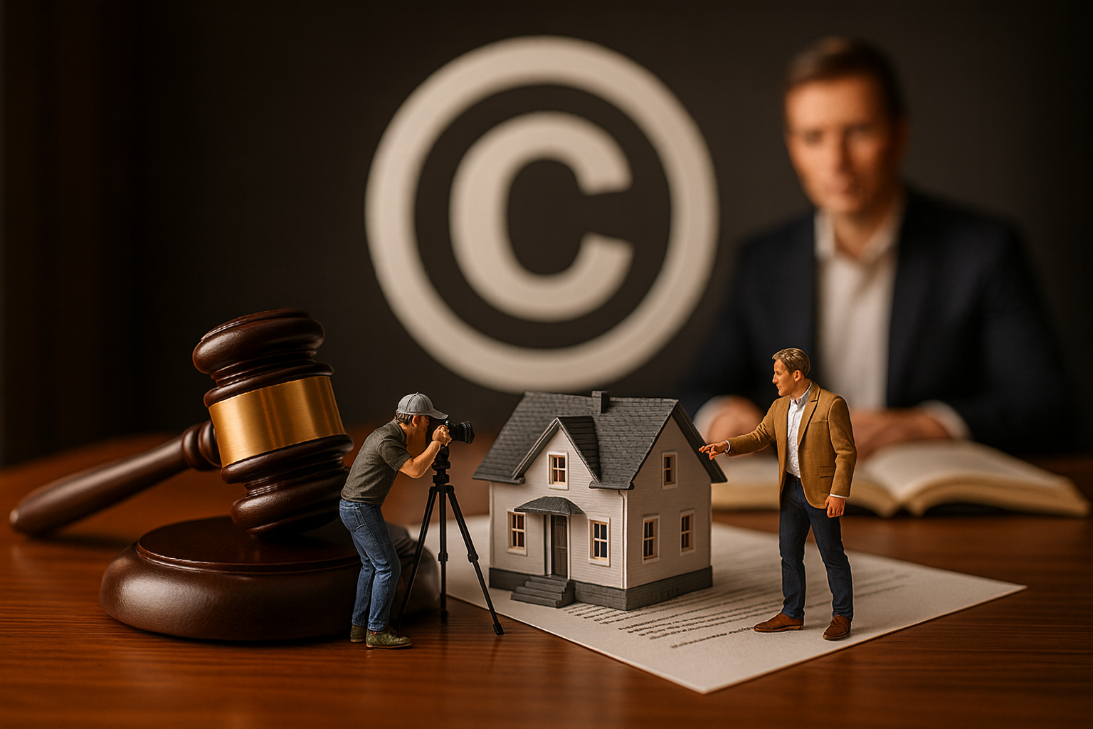 Gavel, toy house, document, and man with copyright symbol in background, suggesting a real estate legal matter.