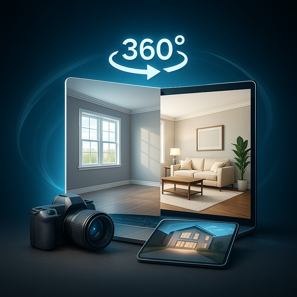 360° view concept: Interior room transitioning from gray to furnished living room, with camera and tablet.