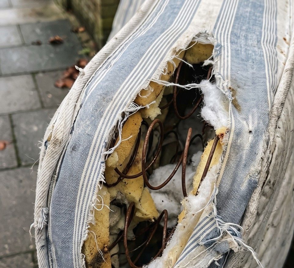 Close-up of mattress springs exposed on an old mattress collected for recycling in Cardiff