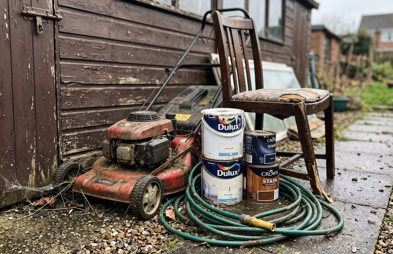 Shed items stacked ready for collection during a Cardiff shed clearance