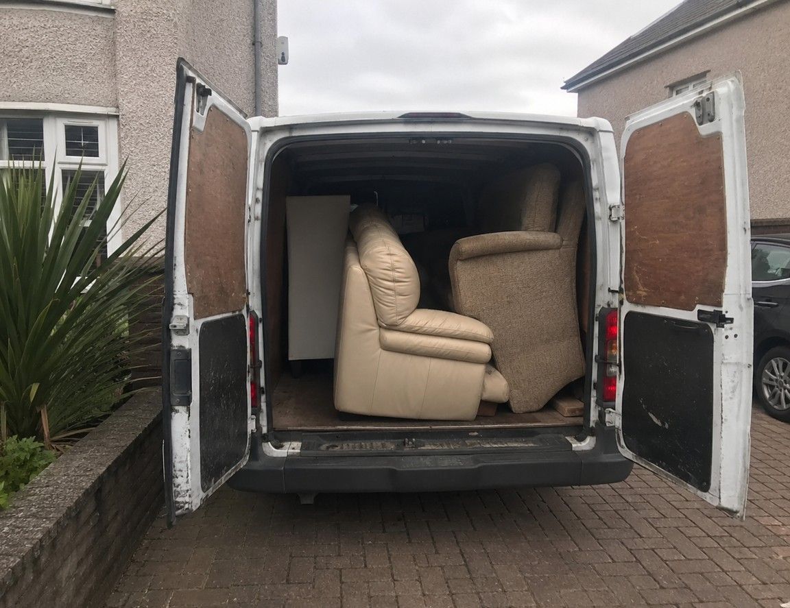 Van loaded with a sofa and armchair collected in Cardiff by J&Z House Clearance