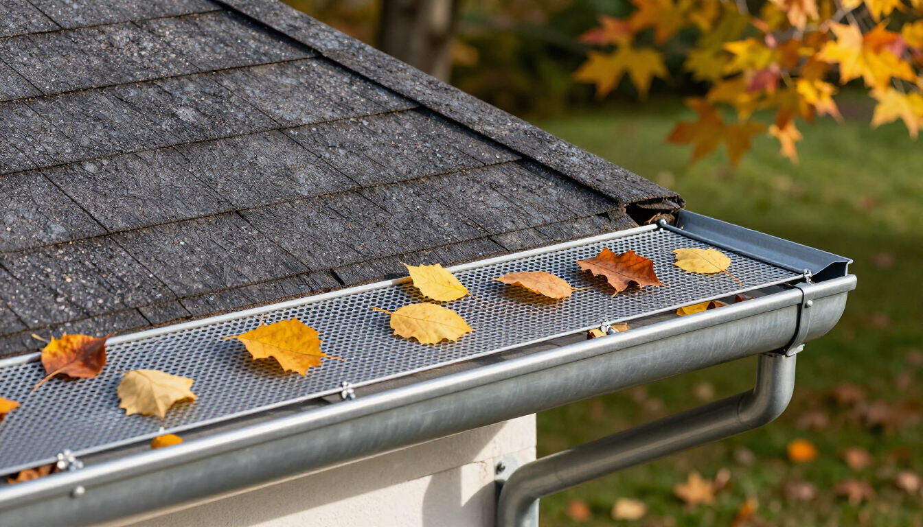 Leaves scattered on a metal gutter along a shingled roof in autumn.