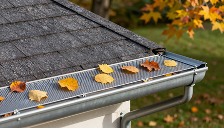 Autumn leaves scattered on a house gutter beside a shingled roof.