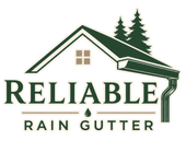 Reliable Rain Gutter logo with house roof, green pine trees, and white gutter graphic