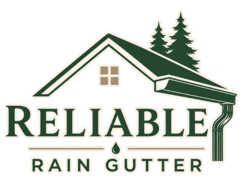 Reliable Rain Gutter logo with house roof, green pine trees, and white gutter graphic