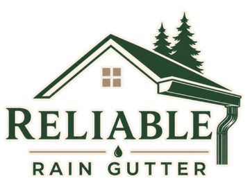 Reliable Rain Gutter logo with house roof, green pine trees, and white gutter graphic