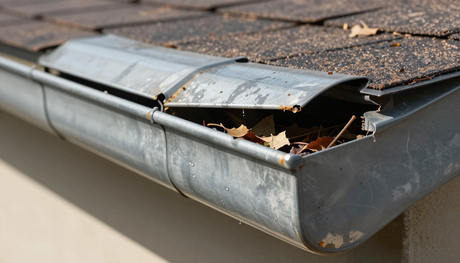 Damaged metal roof gutter with a bent corner and debris inside
