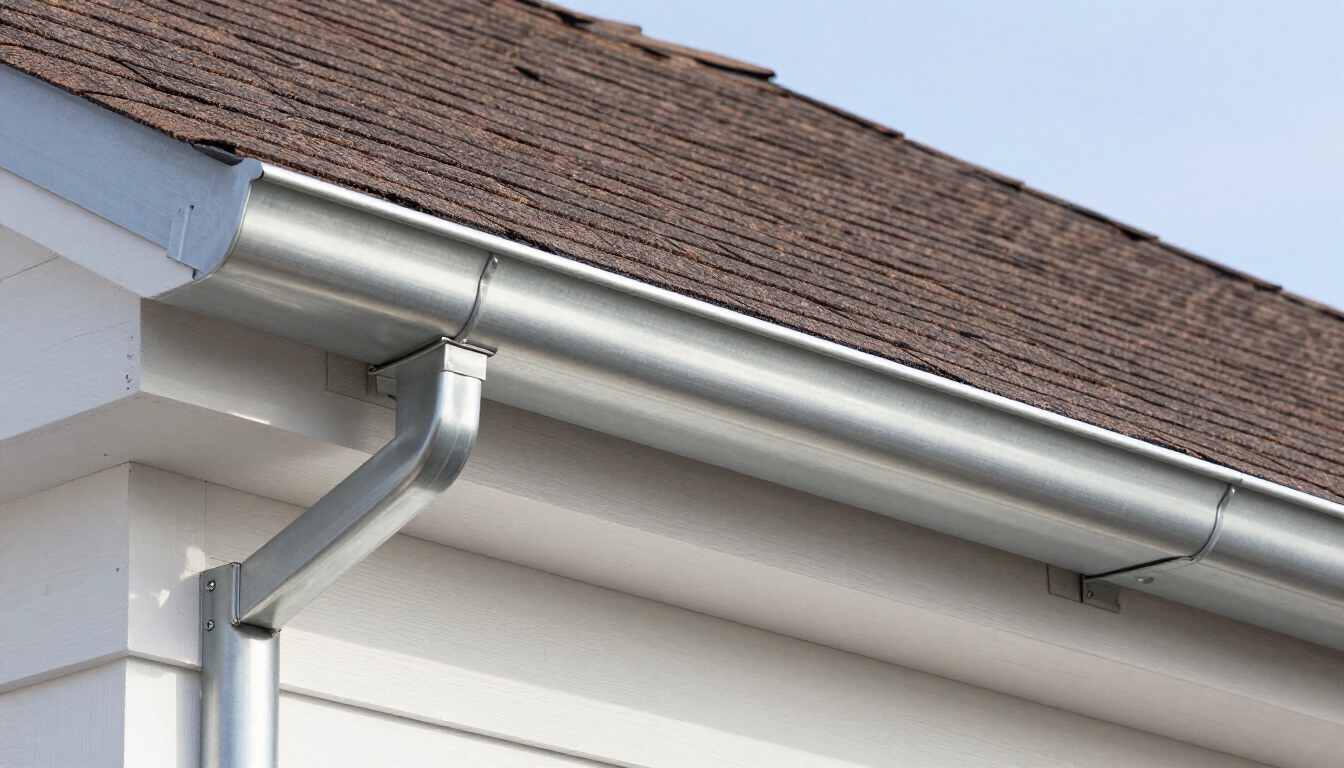 Silver rain gutter on a white house beneath a brown shingle roof edge